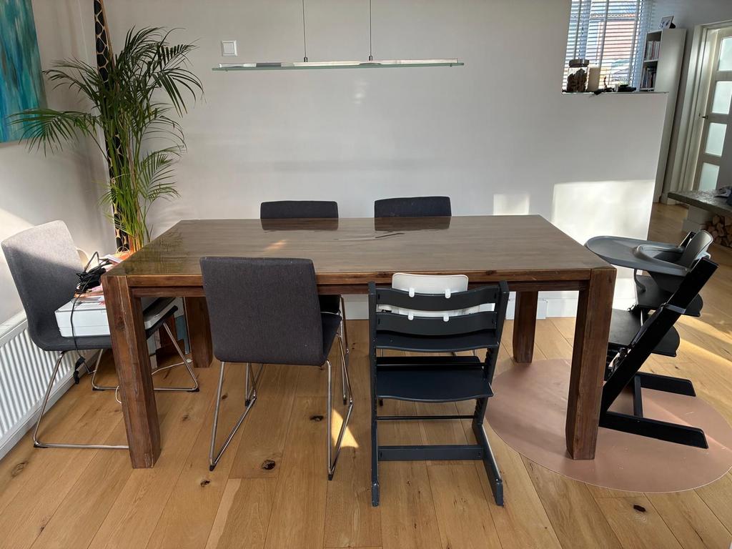 Eetkamertafel met 4 grijze stoelen, Ophalen, Gebruikt, 200 cm of meer, 50 tot 100 cm