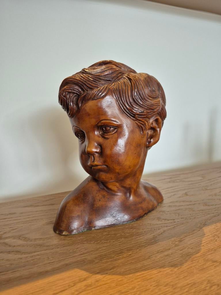 Antieke zware buste van een jongetje, Minder dan 20 cm, Buste, Ophalen of Verzenden, Handgemaakt