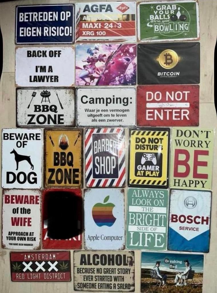 Metalen wandbord reclamebord divers 20x30 cm, Ophalen of Verzenden, Zo goed als nieuw