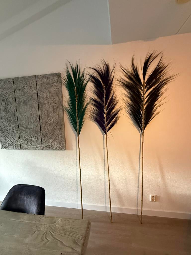 Decoratie veren op bamboe stokken - Groen, Paars, Zwart, -, -, Nieuw, Ophalen of Verzenden