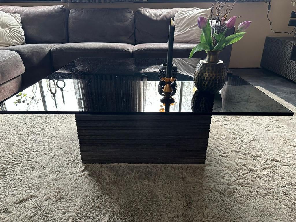 Zwarte salontafel met glazen blad, Ophalen, 100 tot 150 cm, 50 tot 100 cm, Glas