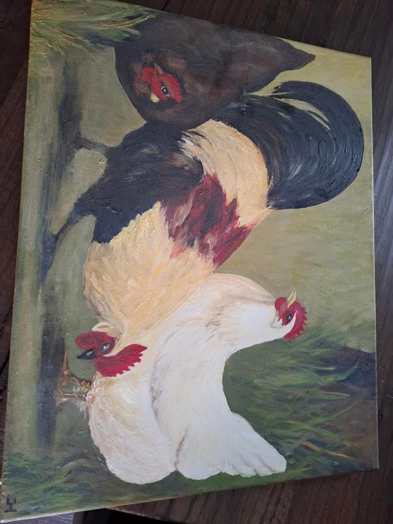 Kippen schilderij, Gebruikt, Schilderij, Meerkleurig, Textiel