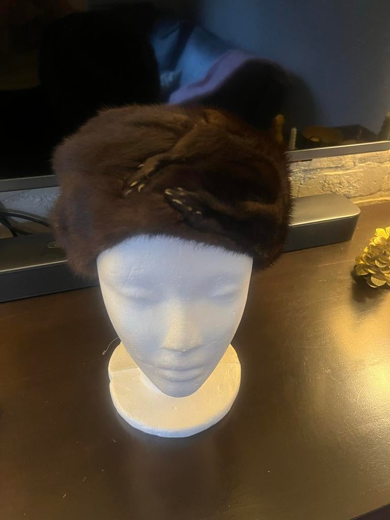 Vintage Bont Muts - Elegante Bruine Hoed, Kleding | Dames, Hoeden en Petten, Ophalen of Verzenden, Gedragen, One size fits all