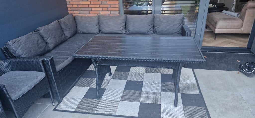 Complete loungeset met tafel en stoelen, Tuin en Terras, Ophalen, 5 zitplaatsen, Gebruikt, Bank