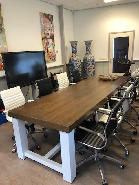 Houten tafel wit onderstel met bruin blad, Huis en Inrichting, Tafels | Eettafels, 200 cm of meer, 50 tot 100 cm, Zo goed als nieuw