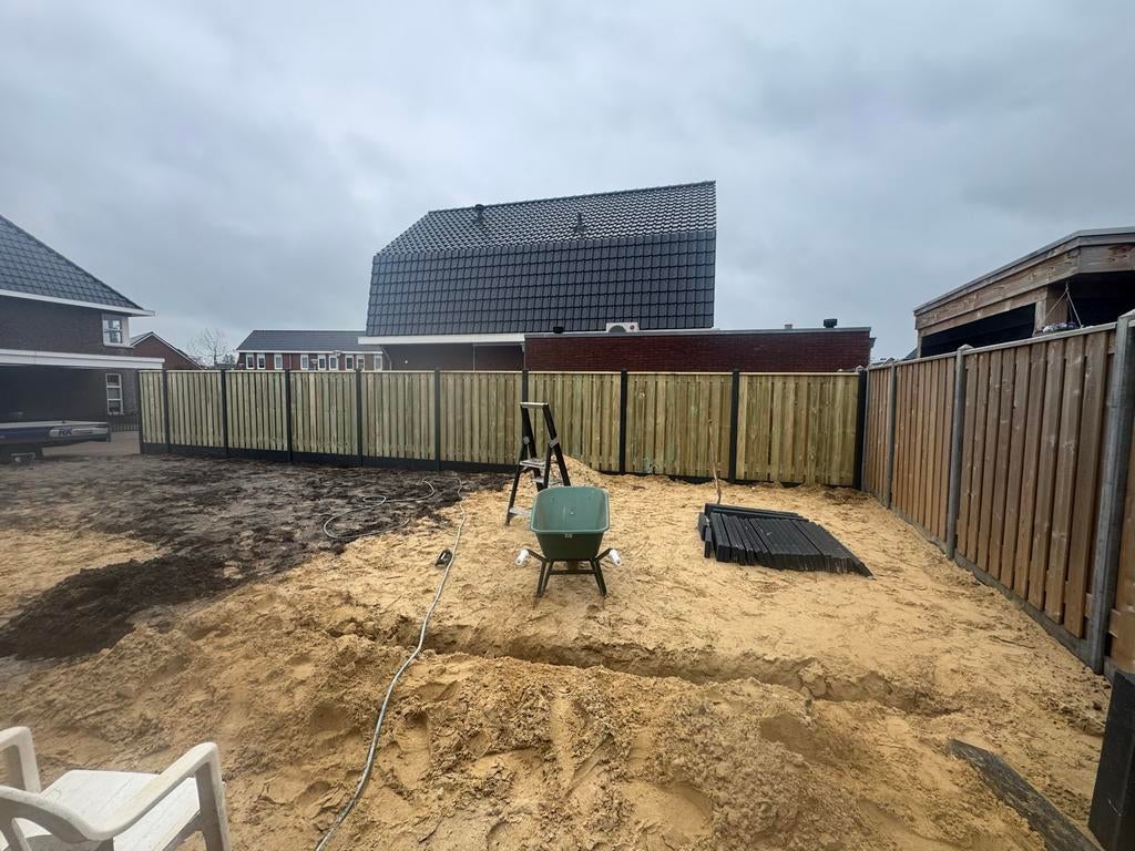 Grenen hout/beton schutting €95 p/m inclusief montage, Tuin en Terras, 6 meter of meer, Ophalen of Verzenden, Hout, 1 tot 2 meter