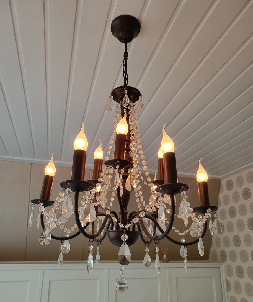 Bruin/ bronzen kroonluchter met 9 armaturen voor (kaars)lamp, Antiek en Kunst, Antiek | Lampen, Ophalen of Verzenden