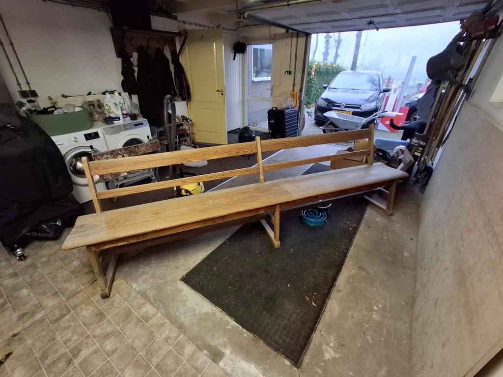 Authentieke Franse kerkbank van eiken – 308 cm, Ophalen