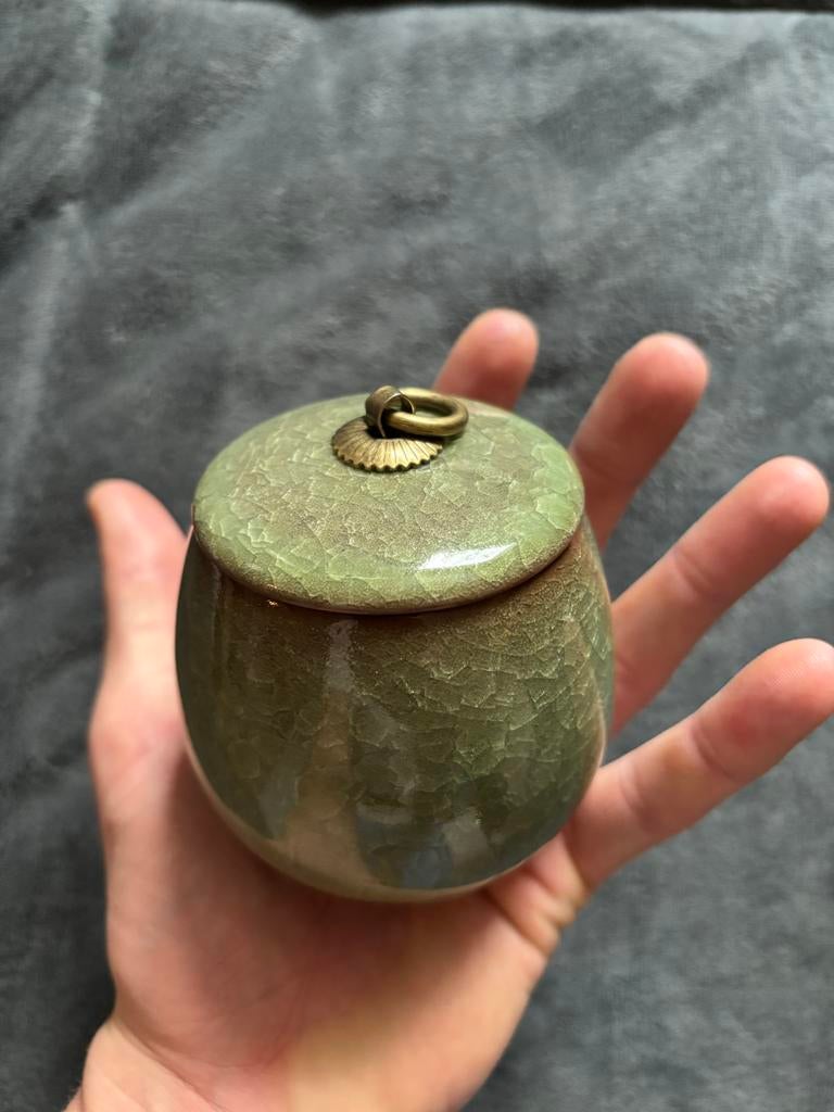 Groene keramische pot met deksel, Antiek en Kunst, Antiek | Keramiek en Aardewerk, Ophalen of Verzenden