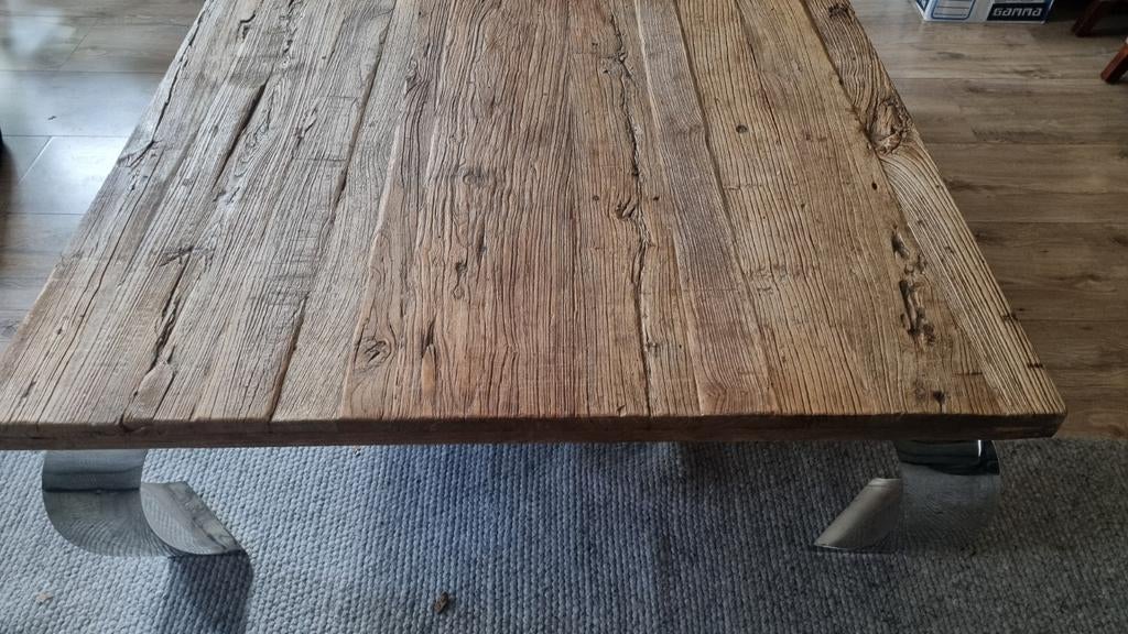 Houten salontafel met metalen poten, Huis en Inrichting, Tafels | Salontafels, Ophalen, Gebruikt, 100 tot 150 cm, 50 tot 100 cm