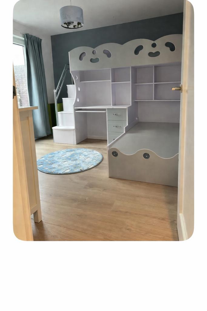 Kinderhoogslaper met bureau en opbergruimte – grijs – 200x80, Ophalen, Hoogslaper, Eenpersoons, 160 tot 180 cm