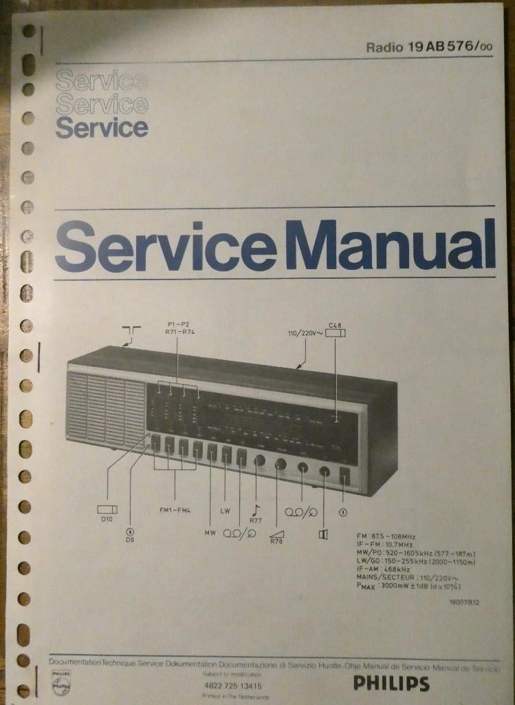 Philips Radio service manual 19 AB 576, Ophalen of Verzenden, Overige typen