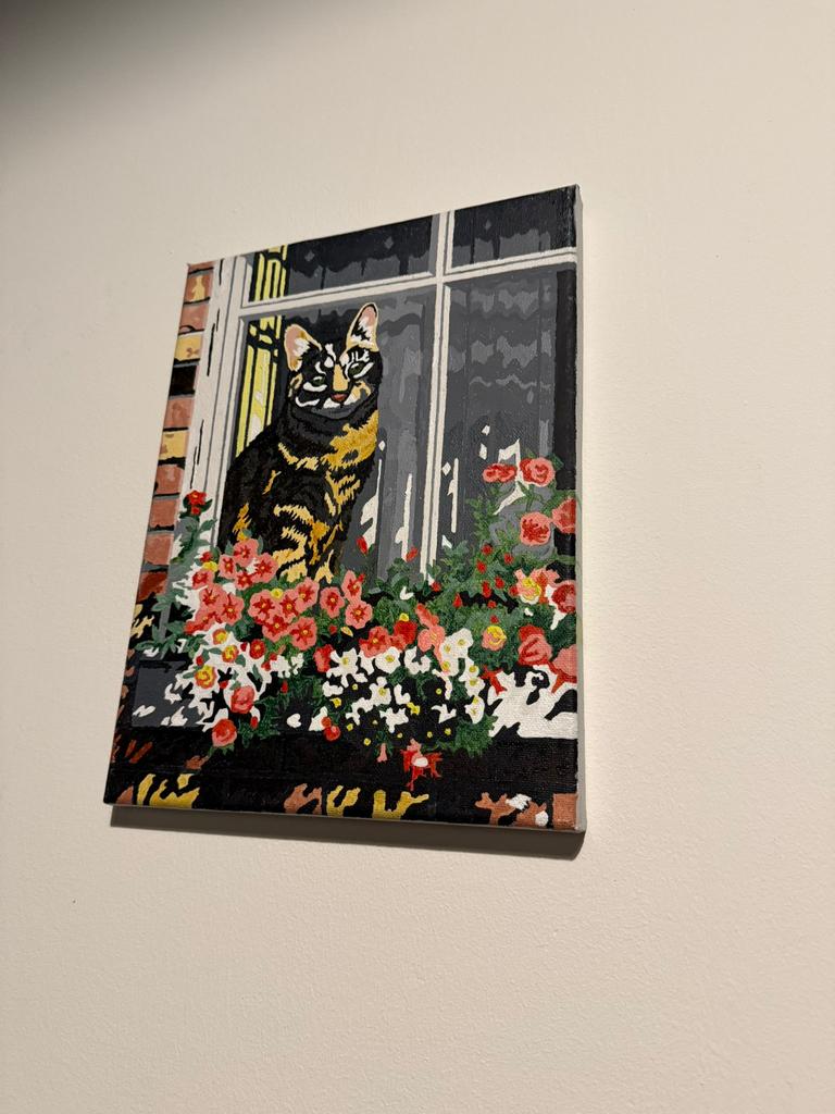 Schilderwerk poes met bloemen 40x30, Ophalen of Verzenden