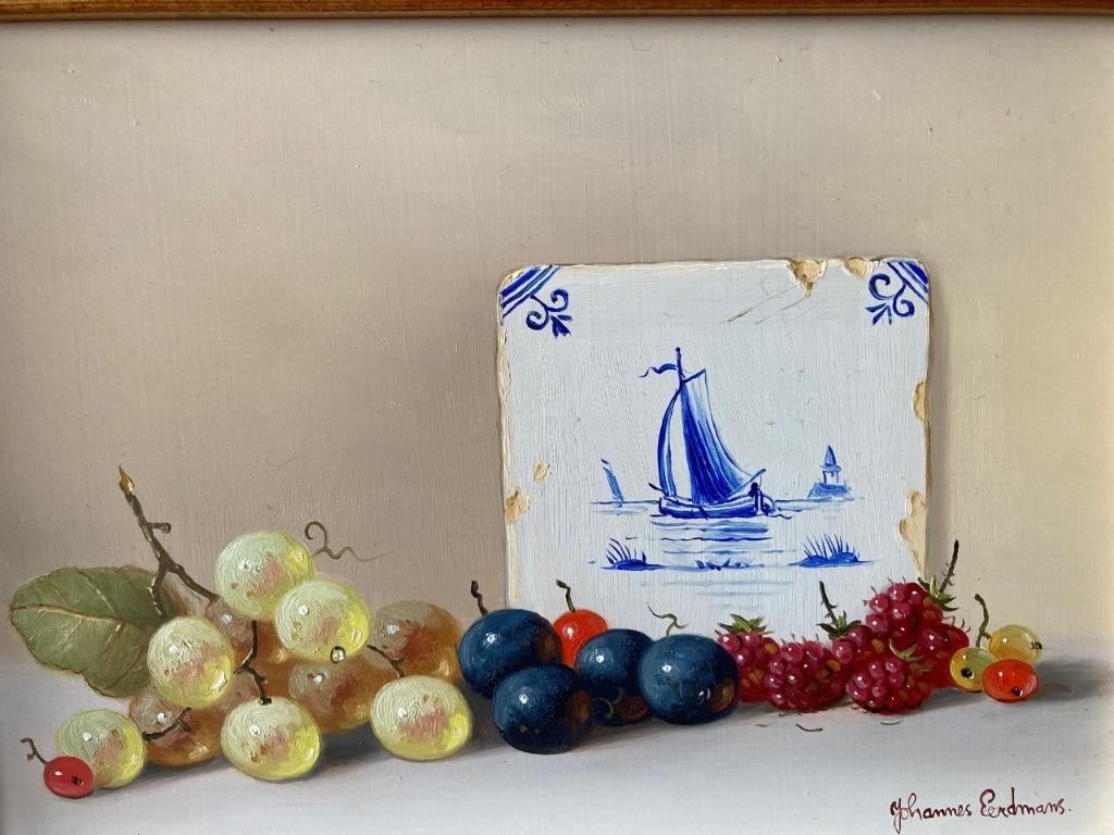 Johannes Eerdmans, stilleven met fruit en tegeltje, Antiek en Kunst, Kunst | Schilderijen | Klassiek, Ophalen