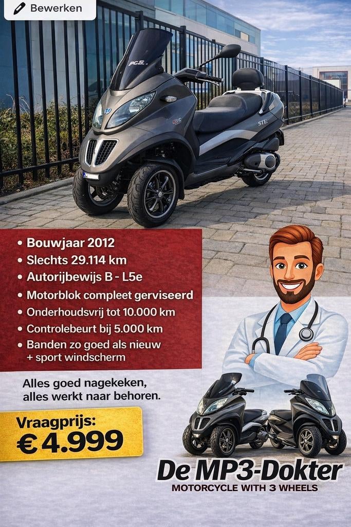 Piaggio MP3 500cc – Te berijden met een autorijbewijs (B), Ophalen