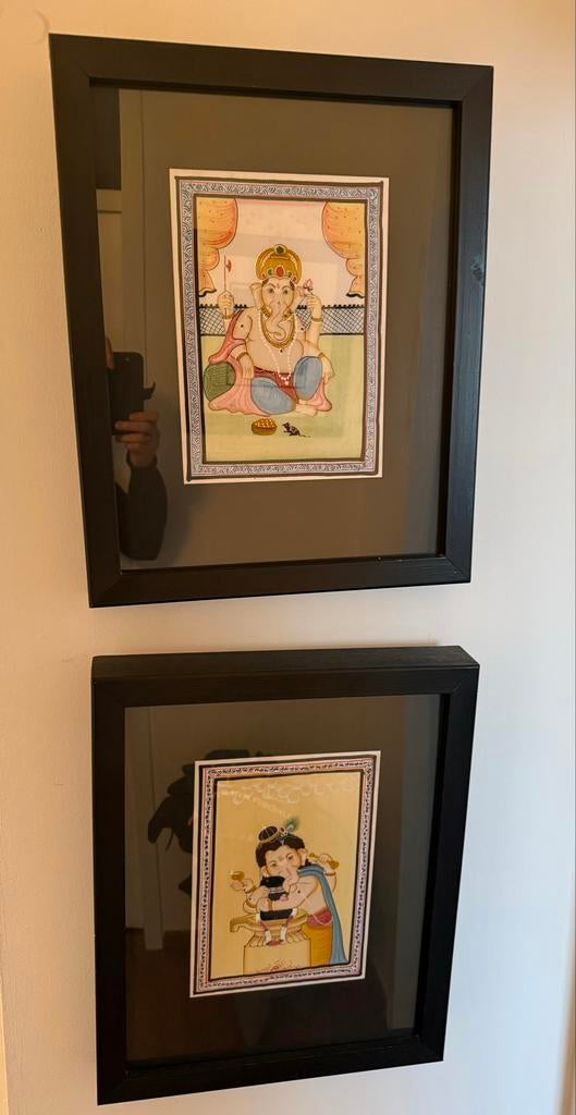 2 ingelijste Ganesh afbeeldingen uit India, Ophalen of Verzenden
