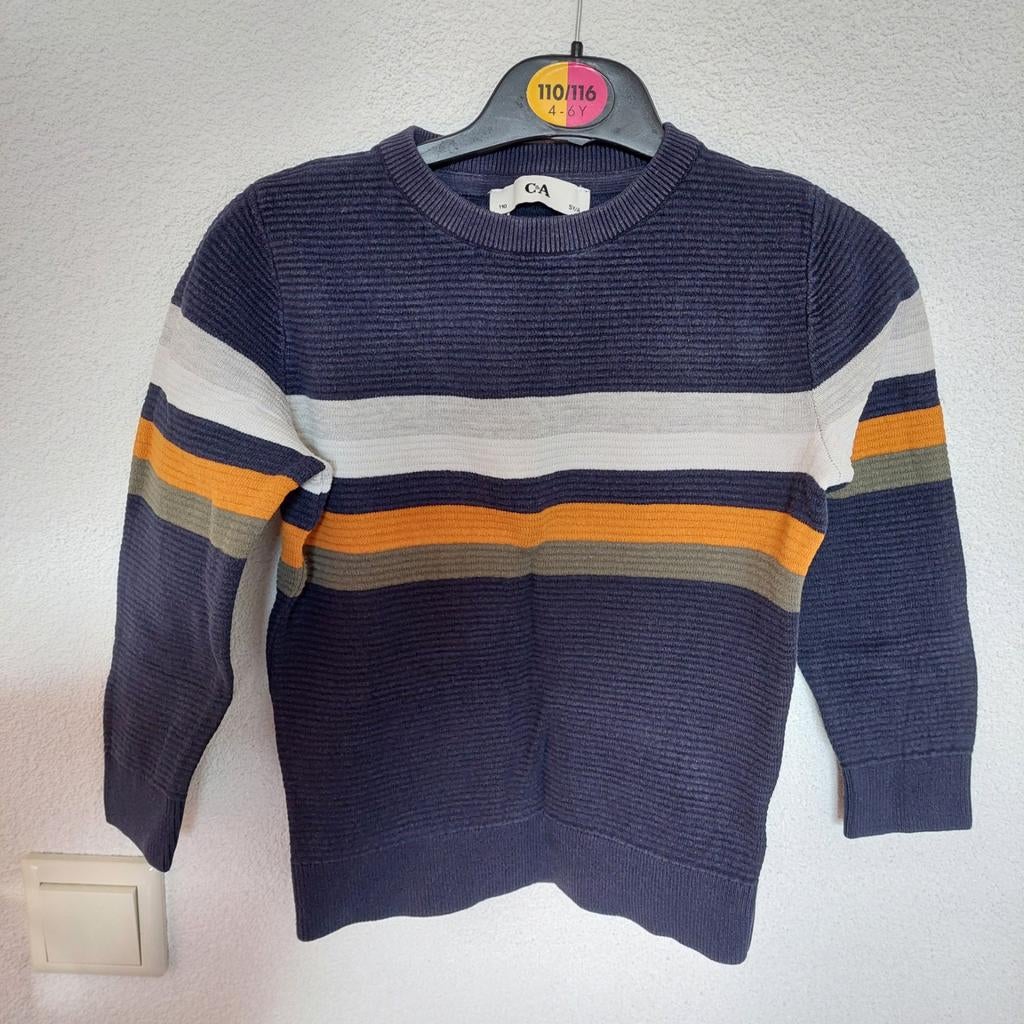 Gestreepte trui ribstructuur C&A 110 donkerblauw wit oker, Gebruikt, C&A, Trui of Vest, Ophalen of Verzenden