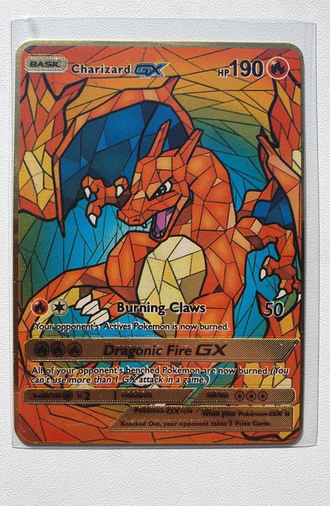 Charizard GX Stained Glass Metal Card, Pokemon kaart van met, Ophalen of Verzenden