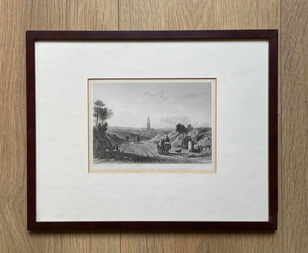 Antieke ingelijste staalgravure van Amersfoort naar Utrecht, Ingelijst, 1800 - 1899, Ophalen of Verzenden, Gravure
