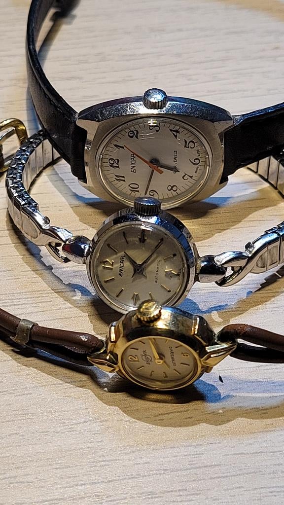 Three vintage Enicar wrist watches, Overige merken, Staal, Polshorloge, Verguld