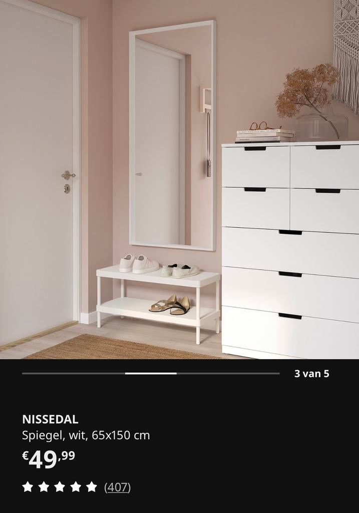 Spiegel IKEA Nissedal wit, Ophalen, Zo goed als nieuw, 150 tot 200 cm, Rechthoekig