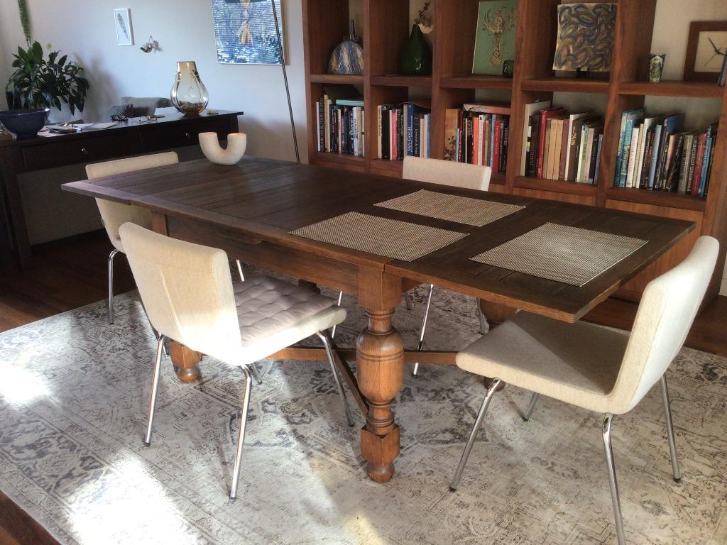 robuuste handgemaakte eiken eettafel 8 pers, Huis en Inrichting, Tafels | Eettafels, Ophalen, Gebruikt, Eikenhout, 200 cm of meer