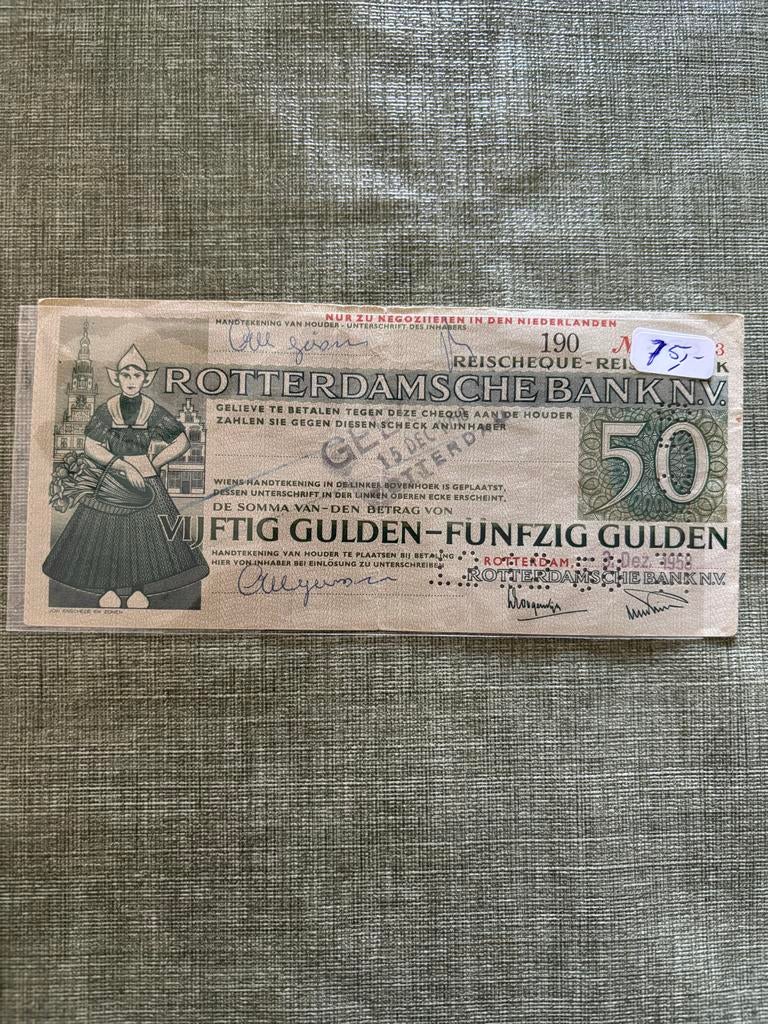 Rotterdamsche Bank N.V. reischeque 50 gulden 1958, Ophalen of Verzenden, 50 gulden, Los biljet