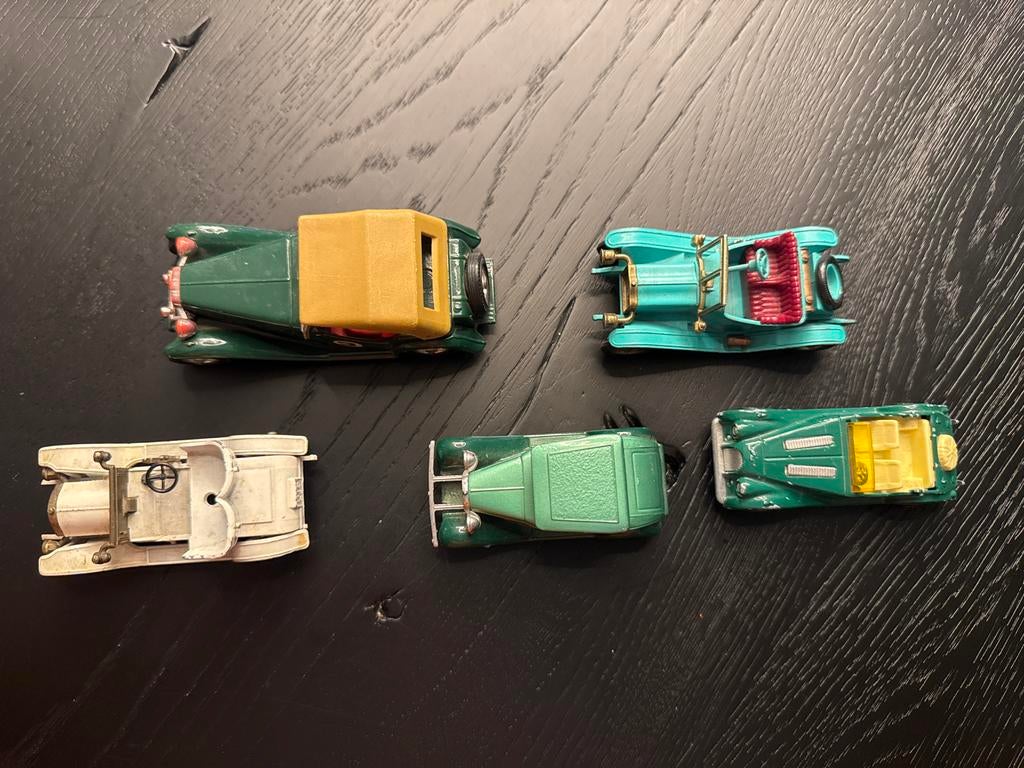 5 vintage modelauto's: 4x Matchbox, 1x Majorette, Overige merken, Gebruikt, 1:50 of kleiner, Auto