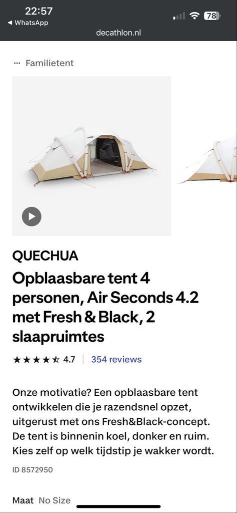 GEZOCHT: Quechua Opblaasbare tent 4 persoons, Air Seconds 4., Caravans en Kamperen, Tenten, Ophalen of Verzenden, Gebruikt, Tot en met 4
