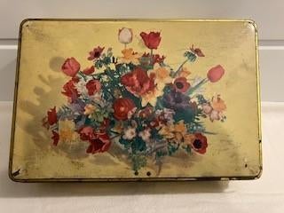 Oud blik - goudkleurig met bloemen - Jacques chocolat, Verzamelen, Blikken, Verzenden, Gebruikt, Overige, Overige merken