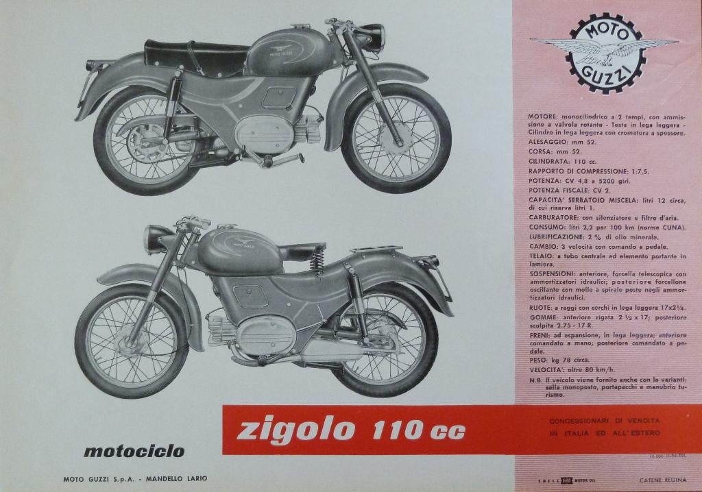 Folder MOTO GUZZI Zigolo 110CC 1959, Ophalen of Verzenden, Moto Guzzi