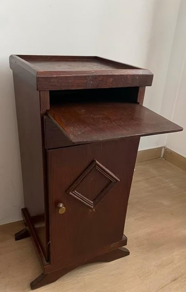 Antiek Eiken Nachtkastje met Ruitdecoratie en Uitschuifblad, Ophalen of Verzenden