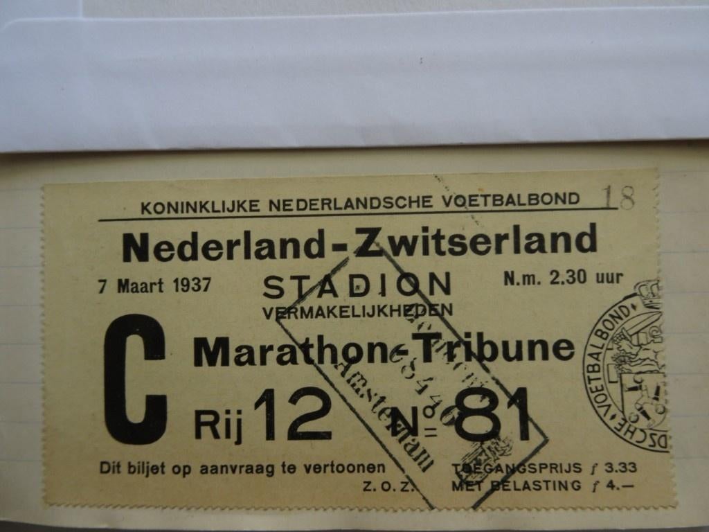 Voetbaltoegangskaartje Nederland - Zwitserland 7 mrt. 1937, Verzamelen, Sportartikelen en Voetbal, Ophalen, Gebruikt, Overige binnenlandse clubs