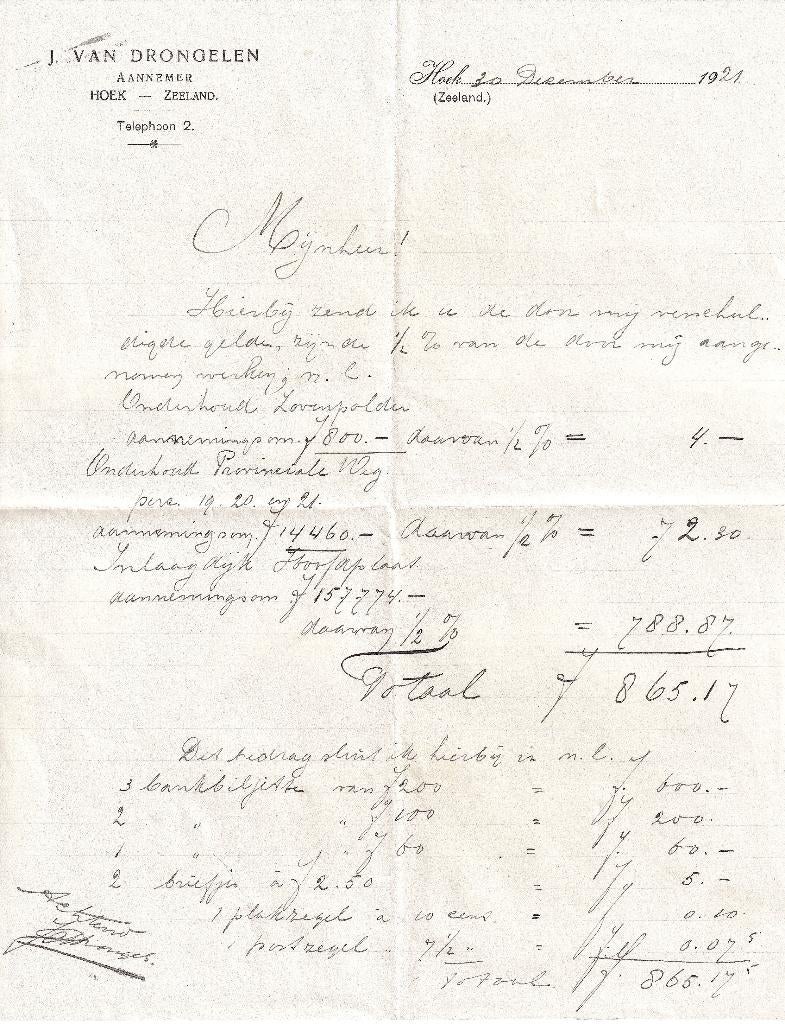 Brief 1921 Aannemer Van Drongelen Hoek Lindenberg Wemeldinge, Ophalen of Verzenden, Gebruikt