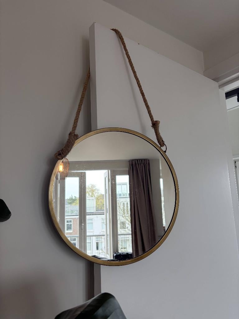 Mooie messing hang spiegel, Ophalen, Minder dan 50 cm, Rond, Zo goed als nieuw
