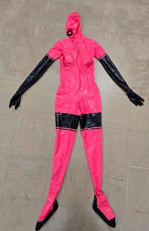 Latex Catsuit Roze/Zwart Maat S, Verzenden, Zo goed als nieuw, Pak of Jurk