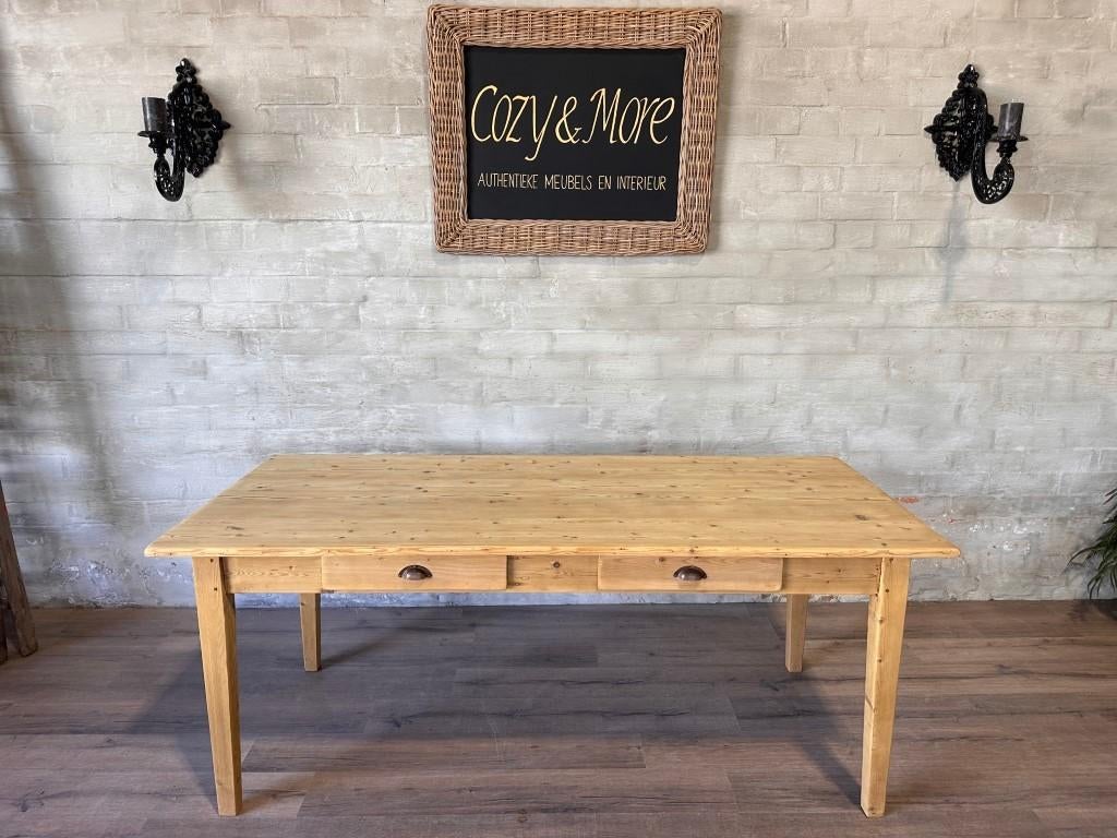 Oude boerentafel met 2 lades - 200 x 89 cm + 79 cm hoog, Zo goed als nieuw, Vijf personen of meer, 150 tot 200 cm, Grenenhout