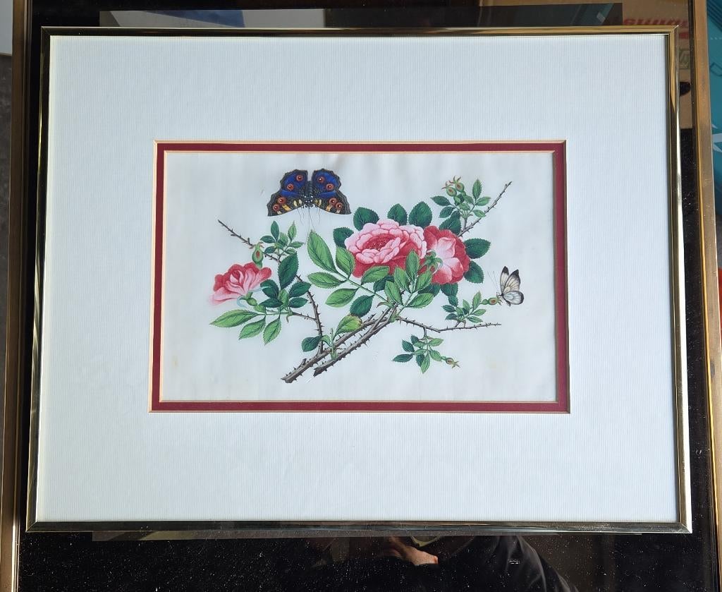 Antiek chinees schilderij rijstpapier bloemen vlinders China