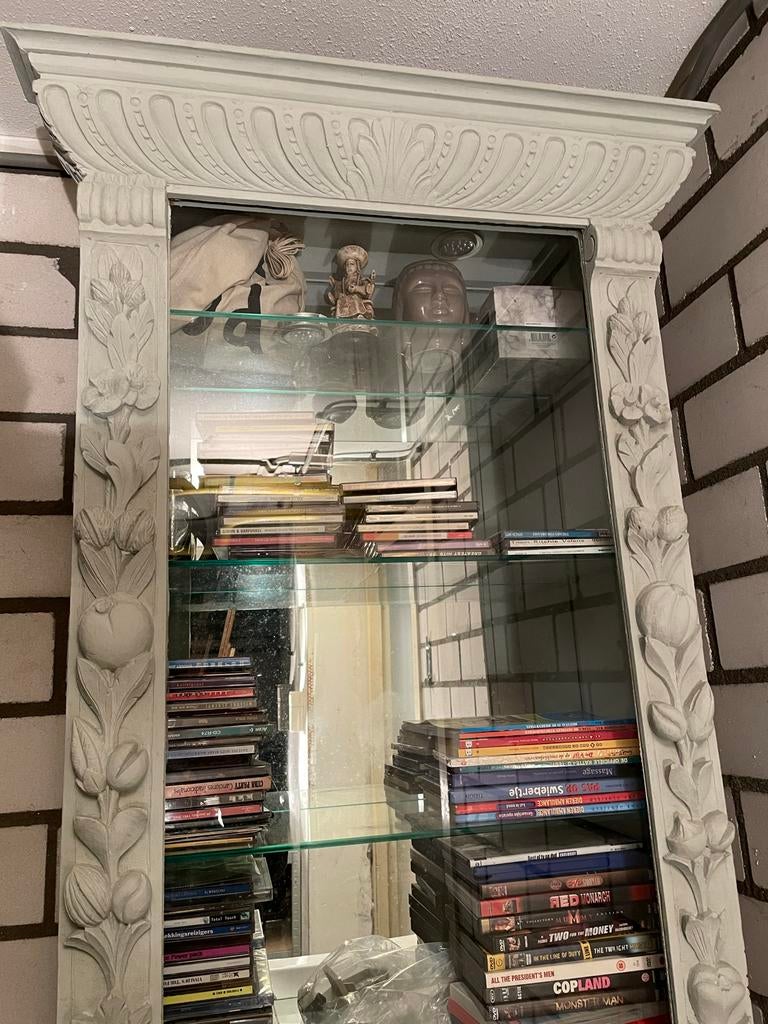 Hoge Vitrinekast grijs/groen mat, Met plank(en), Gebruikt, 200 cm of meer, Glas