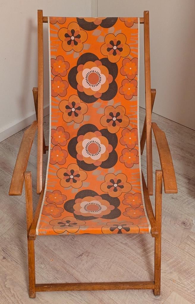 Ouderwetse jaren 70 strandstoel, Ophalen of Verzenden, Gebruikt, Hout, Inklapbaar