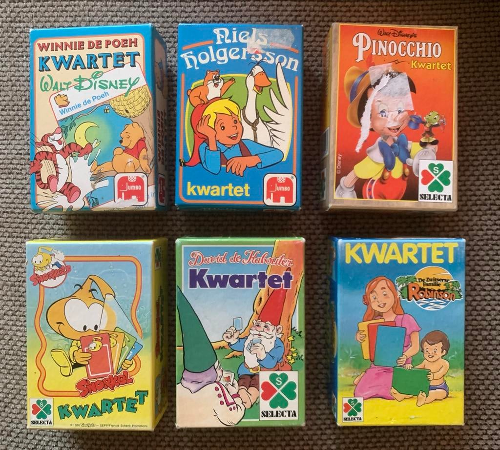 6x Kwartet Winnie Poeh Niels Holgersson Snorkels Pinocchio, Ophalen of Verzenden, Gebruikt, Kwartet(ten)