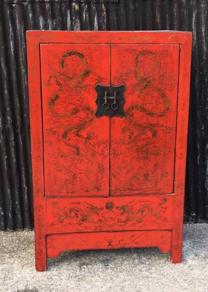 chinese bruidskast draken handbeschilderd chinees rood kast, Verburgt Vintage, Gebruikt, Ophalen of Verzenden, https://verburgtvintage.nl/#contact