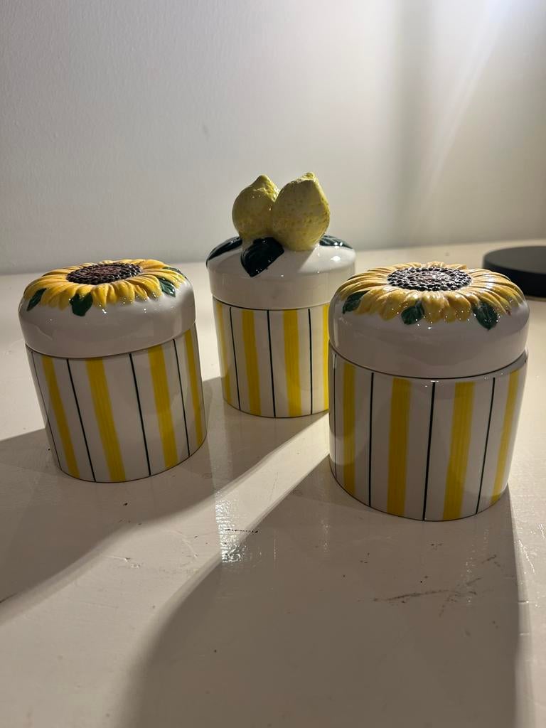 3 gele potjes &Klevering zonnebloem/citroen, Ophalen of Verzenden, Zo goed als nieuw, Keramiek, Overige typen