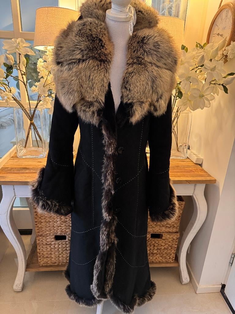 Chique, lange, Zwart-Bruine nep-lammy Devi, 36-38/S-M, ZGAN., Ophalen of Verzenden, Zo goed als nieuw, Maat 36 (S), Zwart