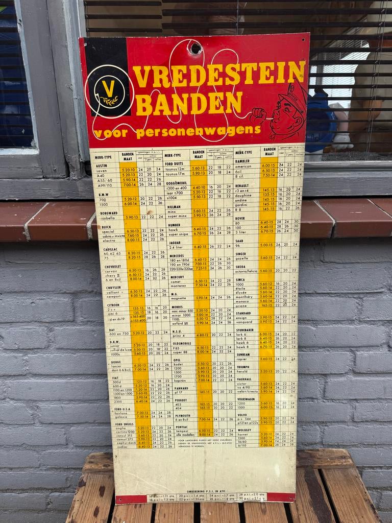 Vintage Vredestein Banden Reclamebord, Reclamebord, Gebruikt, ., Ophalen of Verzenden