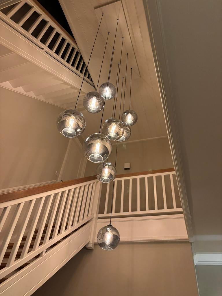 Cascade lamp 9 glazen bollen, Ophalen, 75 cm of meer, Modern, Glas