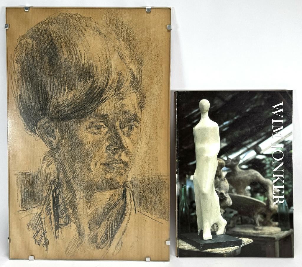 709. Tekening en kunstboek, Willem Jonker - portret, 1967, Ophalen of Verzenden