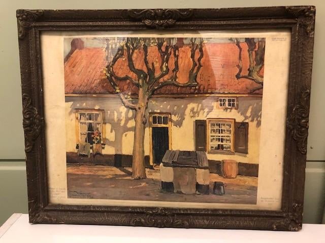 Schilderij/prent  albert funke küpper straatje in katwijk, Minder dan 50 cm, Ophalen of Verzenden, Zo goed als nieuw, Schilderij