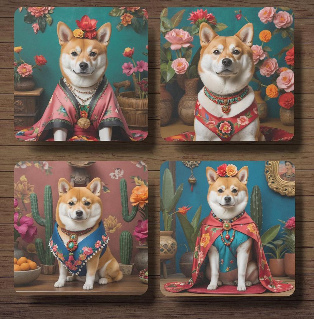 Shiba Frida Kahlo onderzetters met houder, Huis en Inrichting, Ophalen of Verzenden, Nieuw, Glas of Kopje