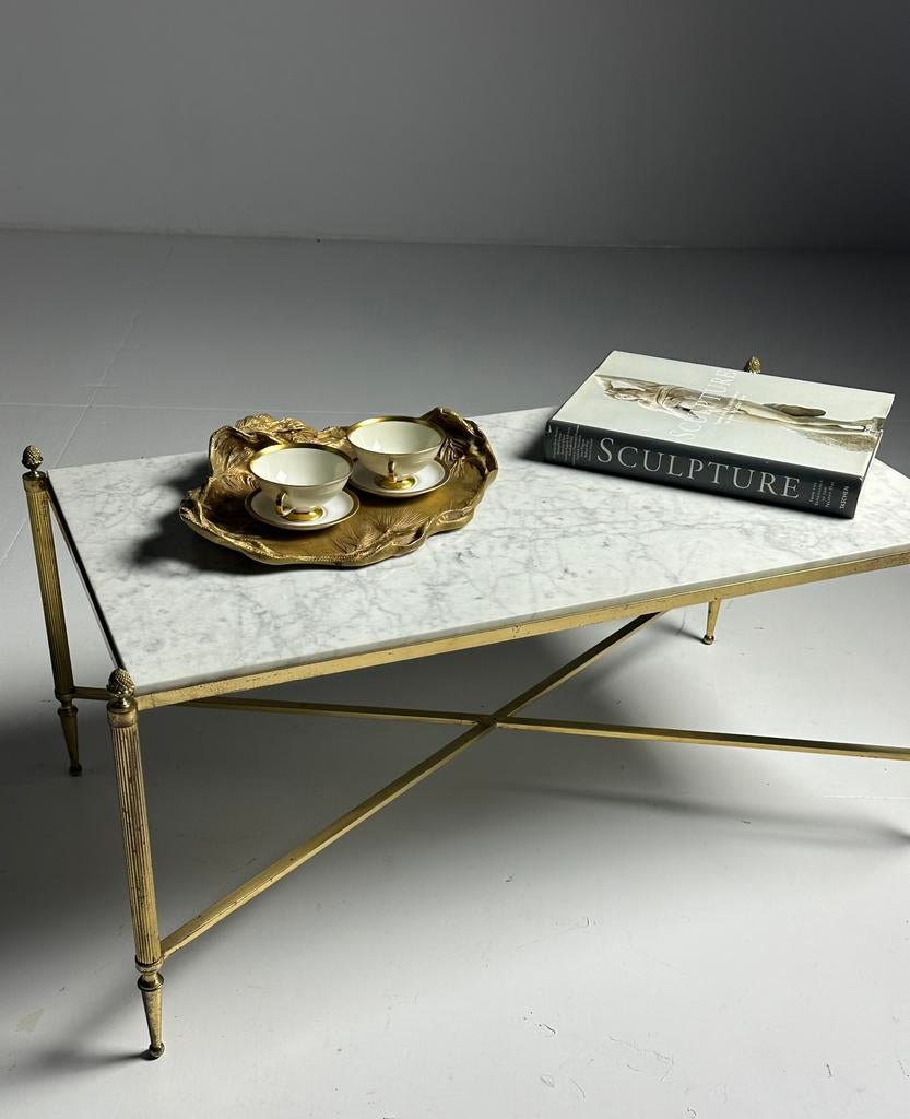 Vintage Franse bijzettafel met marmeren blad, midden 20e, Minder dan 55 cm, Metaal of Aluminium, Ophalen of Verzenden, Zo goed als nieuw